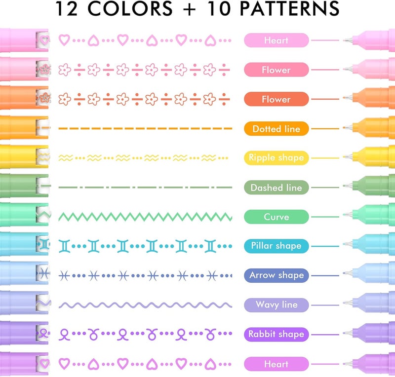 AOROKI 12 Colored Curve Highlighter Pen Set, 10 Different Shapes Dual Tip Marker Highlighters for Journaling Drawing Note Taking,Curve Highlighter pens for Planner Scrapbook School Supplies - Image 2